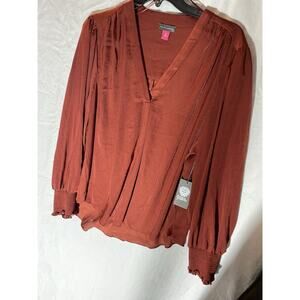 NWT Vince Camuto Tunic Top V-Neck Long Sleeve Smock Ruffle Cuff Copper Size XL